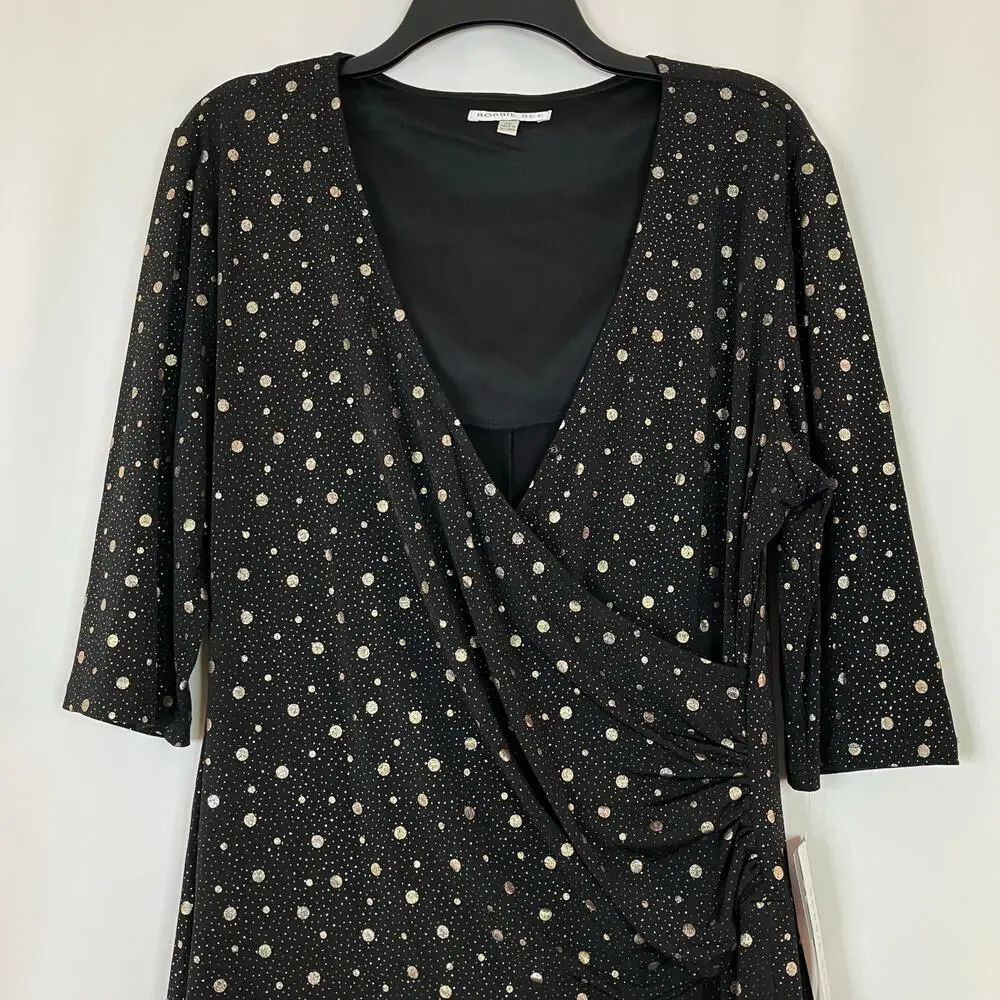Robbie Bee | Black Gold Metallic Dot Layered Ruffle Dress NWT Womens XL - Picture 2 of 11